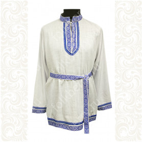 Рубаха мужская Колосок, лён белый, декор синий